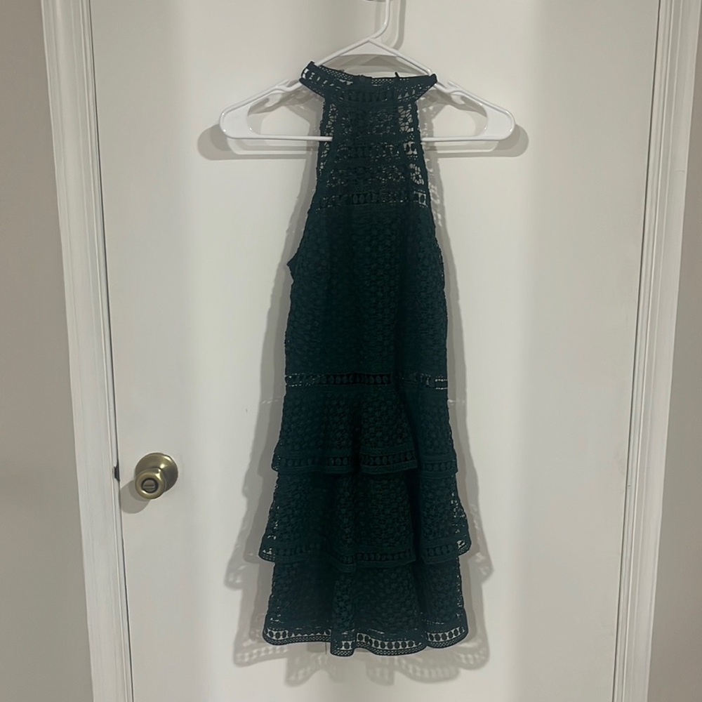 Emerald green lace mini dress with mock neck